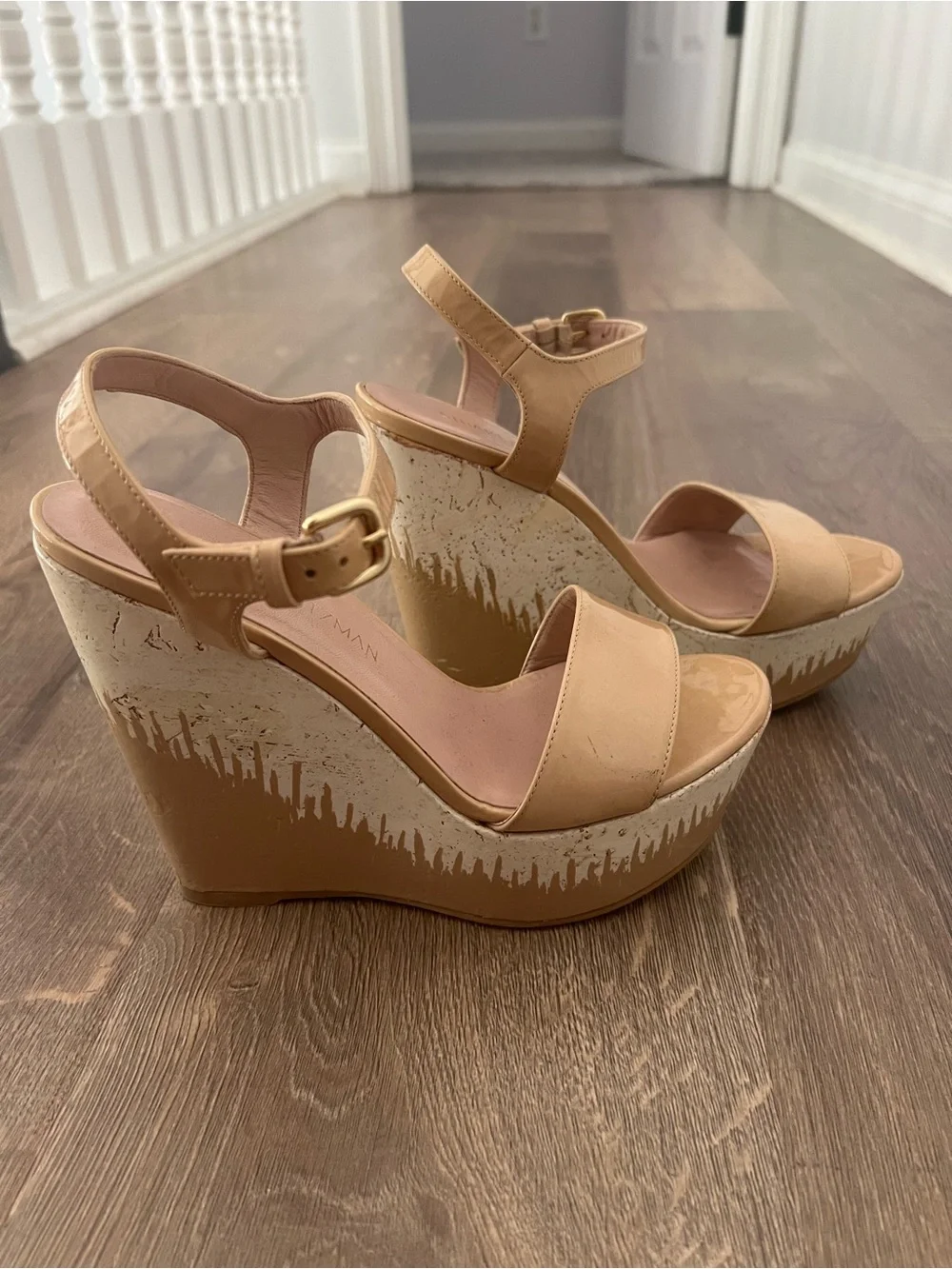 Stuart Weitzman Patent Tan Platform Wedge Sandals - Picture 2 of 13
